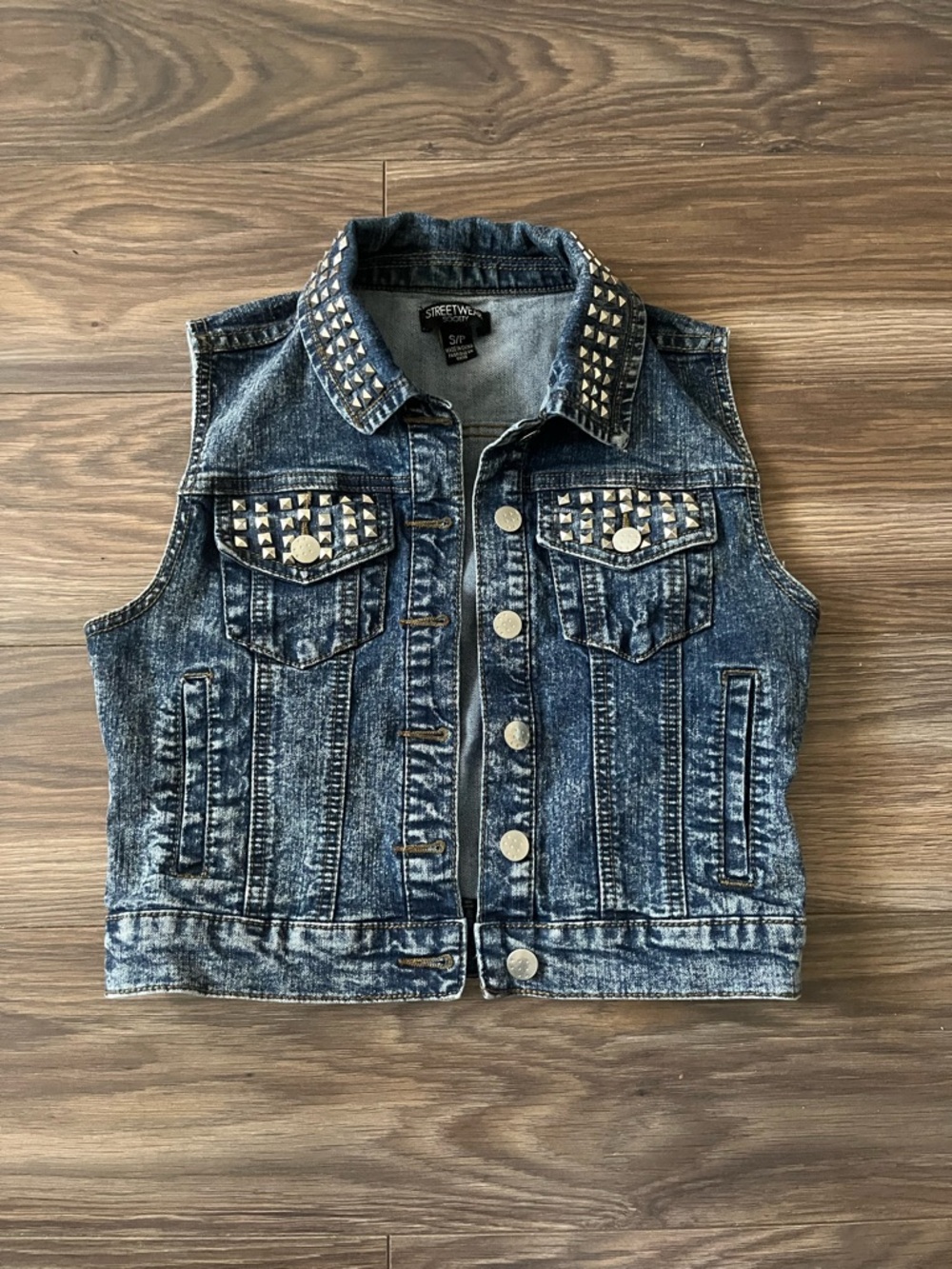 Streetwear Society Blue Denim Studded Sleeveless Jean Jacket